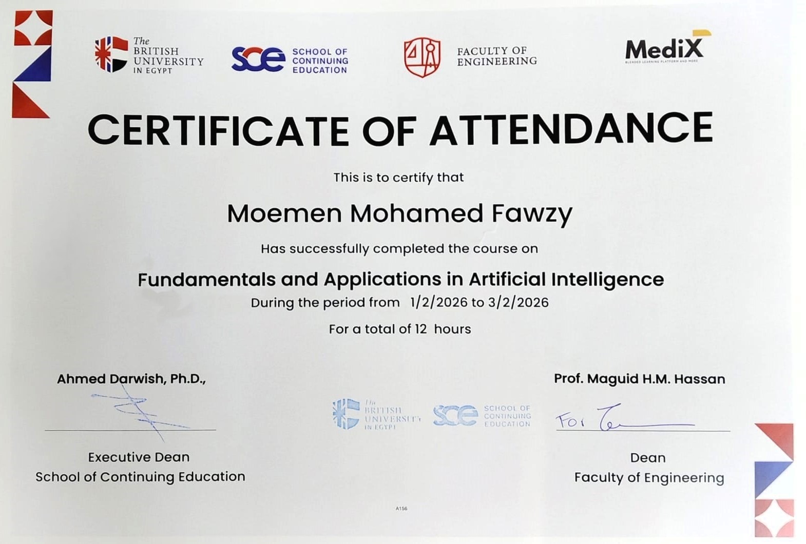 Artificial Intelligence certificate from The British University in Egypt