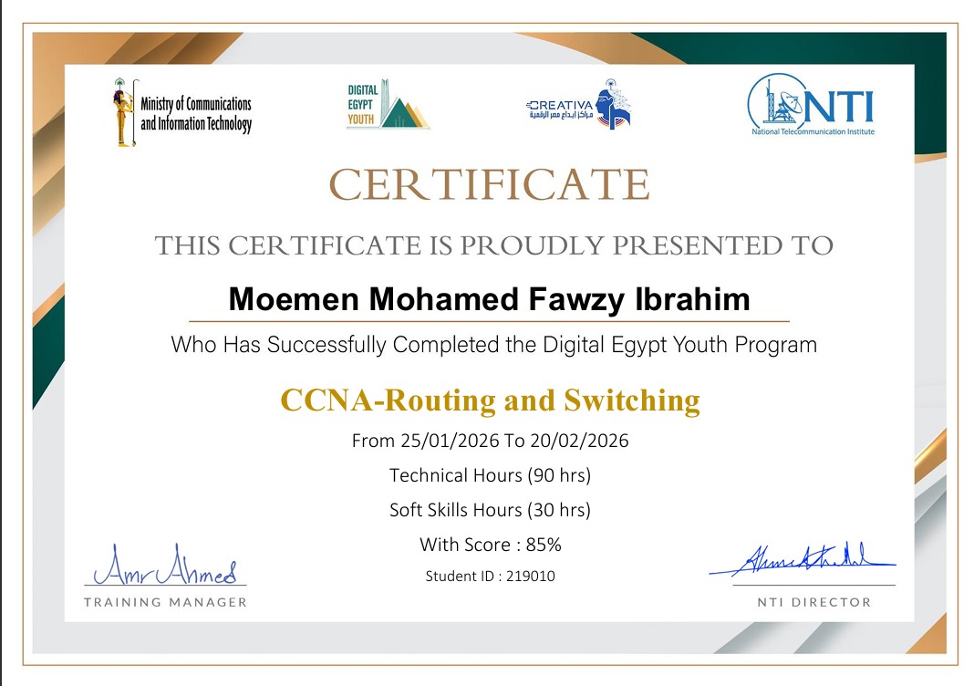 CCNA Routing and Switching certificate from the National Telecommunication Institute