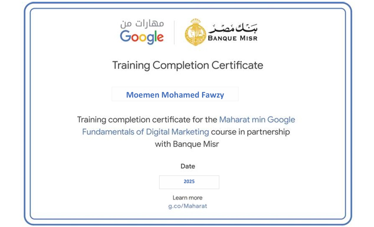 Digital marketing certificate from Banque Misr and Google Skills